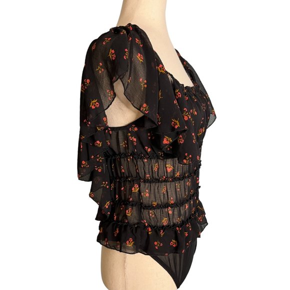 Intimately Free People Black Sheer Floral Ruffle Square Neck Bodysuit Sz Large - Picture 2 of 6